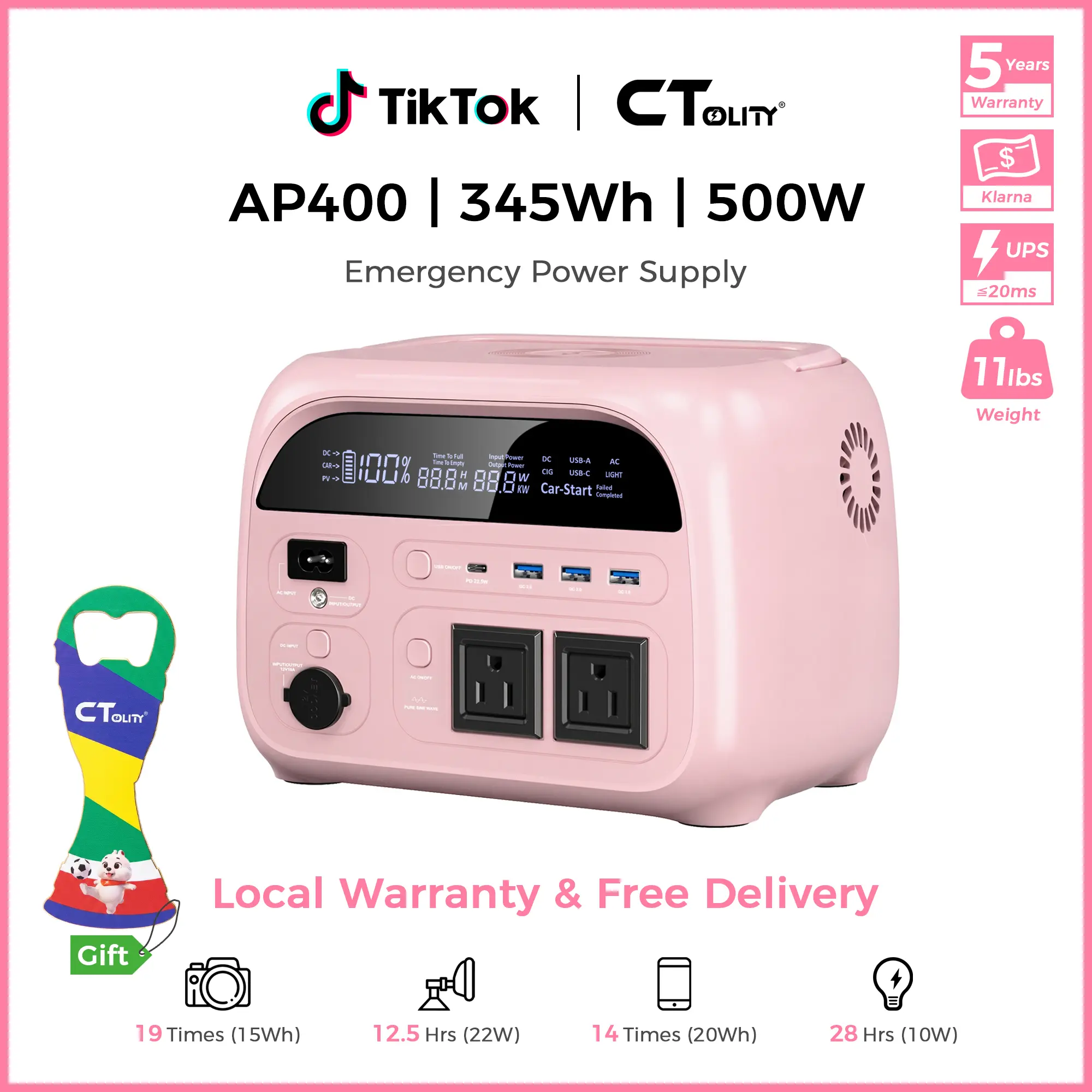 [Summerfinds]CTOLITY AP400 Soft Pink 500W 346Wh Portable Power Station Solar Generator - Fast-Charging Backup Battery for Home Emergencies, Camping, Phone Power Needs,back to school