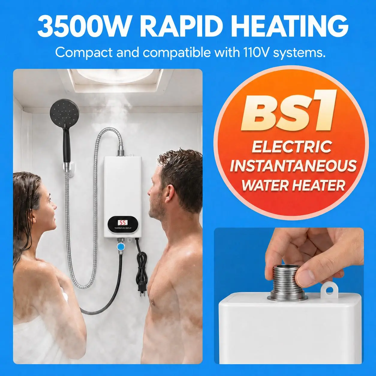 3500W Electric Tankless Water Heater Appliance with Shower Head, Instant Hot Water, LCD Display, Compact Design, Easy Install 110V for Indoor Bathrooms, Kitchens, Apartments, No Waiting