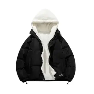 Unisex Fleece Lined Hooded Jacket, Winter Lamb Wool Coat, Casual Outdoor Sports Outerwear, Thick Cotton Padded Parka for Couples