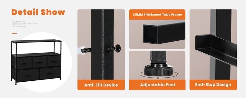 Dresser TV Stand, Entertainment Center with 5 Fabric Drawers, Media Console Table for TV with Open Storage Shelf Dresser