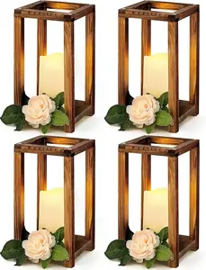 8 Pcs Wooden Wedding Lantern Centerpiece for Table Decoration Includes 4 Farmhouse Candle Holder and 4 Flameless Decorative LED Candles for Rustic Home Wedding Decor(Dark Brown)