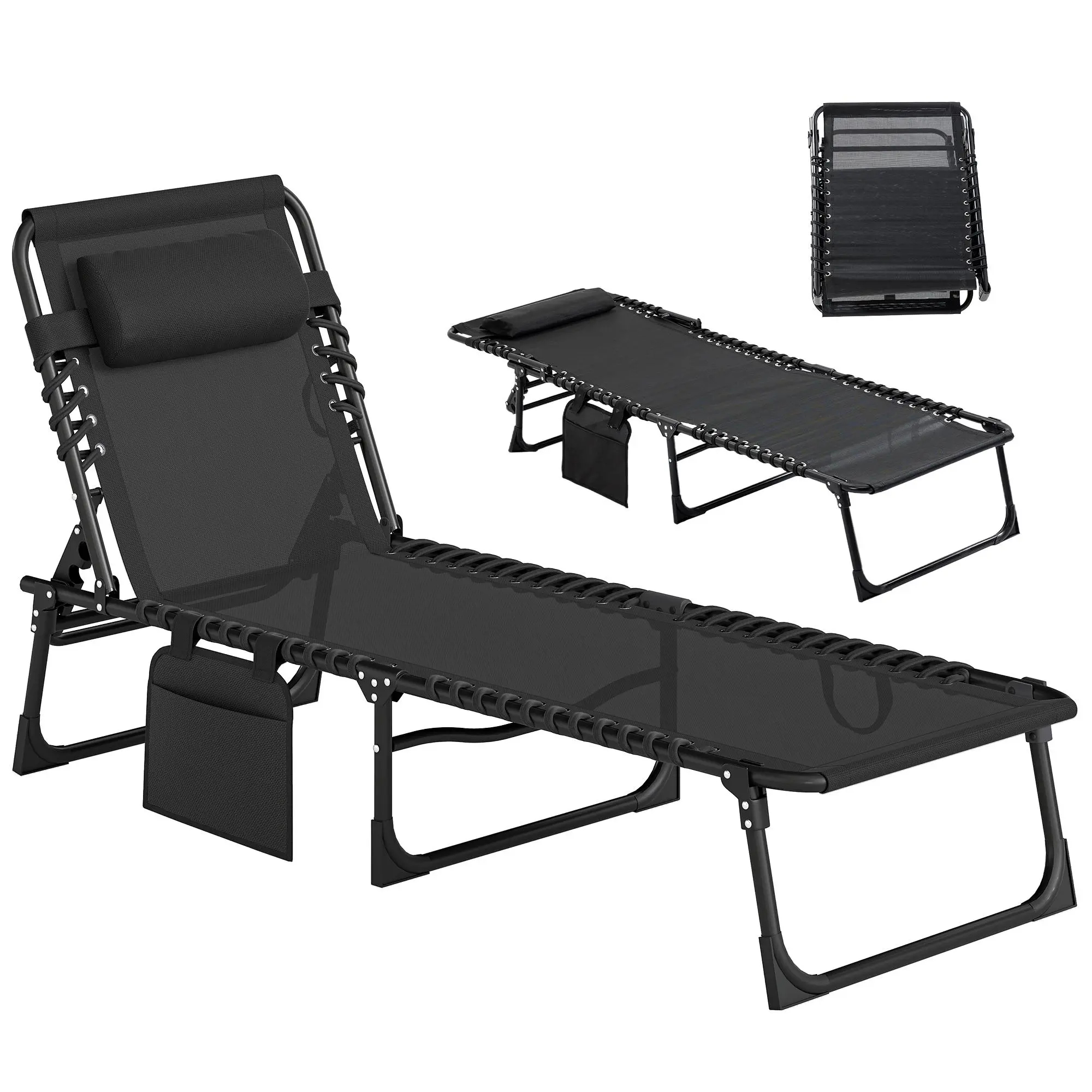 Outsunny Patio Outdoor Furniture Sunbathing Chaise Lounge - 5-Position Adjustable Back Pool Lounge Chair, 264 lbs Capacity, Carrying Handle, Side Pocket, Removable Pillow, Folding Design, Non-Slip Footpads, 74.5" L x 22.75" W x 11.75" H for Garden, Camp