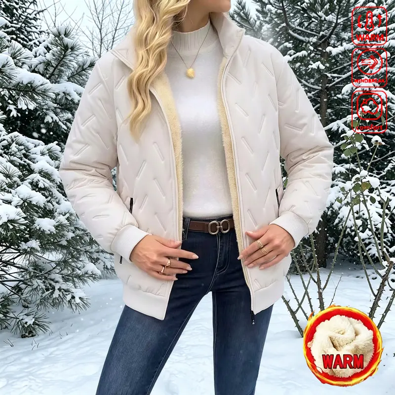 Women’s Winter Stand Collar Jacket – Thick Padded Zip-Up Outerwear with Long Sleeves and Pockets, Solid Color Casual Jacket Suitable for Autumn/Winter, Comfortable and Warm, Zippered Pockets Women’s Winter Stand Collar Jacket – Thick Padded Zip-Up Outerwear with Long Sleeves and Pockets, Solid Color Casual Jacket Suitable for Autumn/Winter, Comfortable and Warm, Zippered Pockets