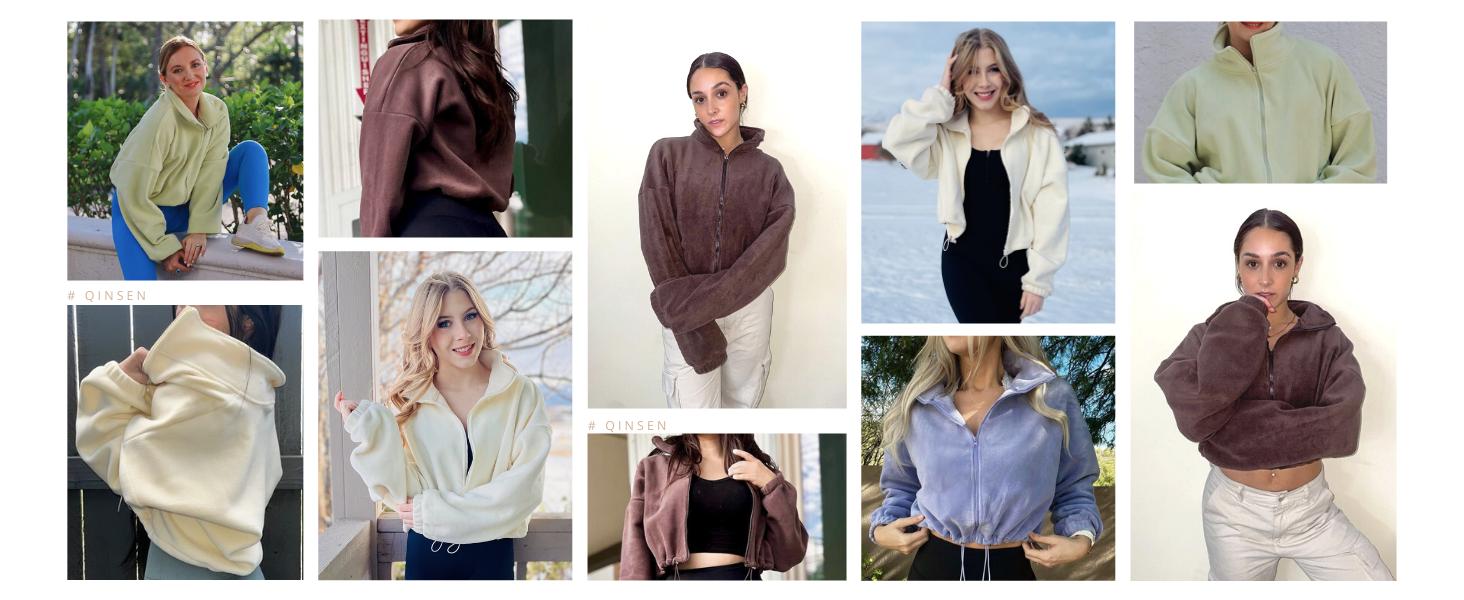 QINSEN Women's Full Zip Fleece Short Jacket Warm Winter Long Sleeve Stand Collar Sherpa Crop Coat Super Soft Polar Fleece Baggy Relaxed Fit for Cold Weather Activities