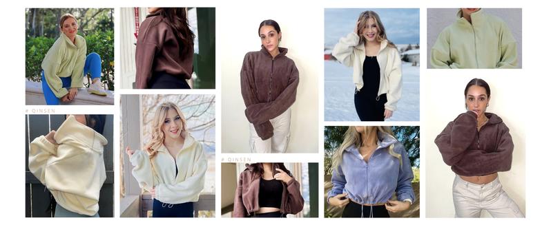 QINSEN Women's Full Zip Fleece Short Jacket Warm Winter Long Sleeve Stand Collar Sherpa Crop Coat Super Soft Polar Fleece Baggy Relaxed Fit for Cold Weather Activities QINSEN Women's Full Zip Fleece Short Jacket Warm Winter Long Sleeve Stand Collar Sherpa Crop Coat Super Soft Polar Fleece Baggy Relaxed Fit for Cold Weather Activities