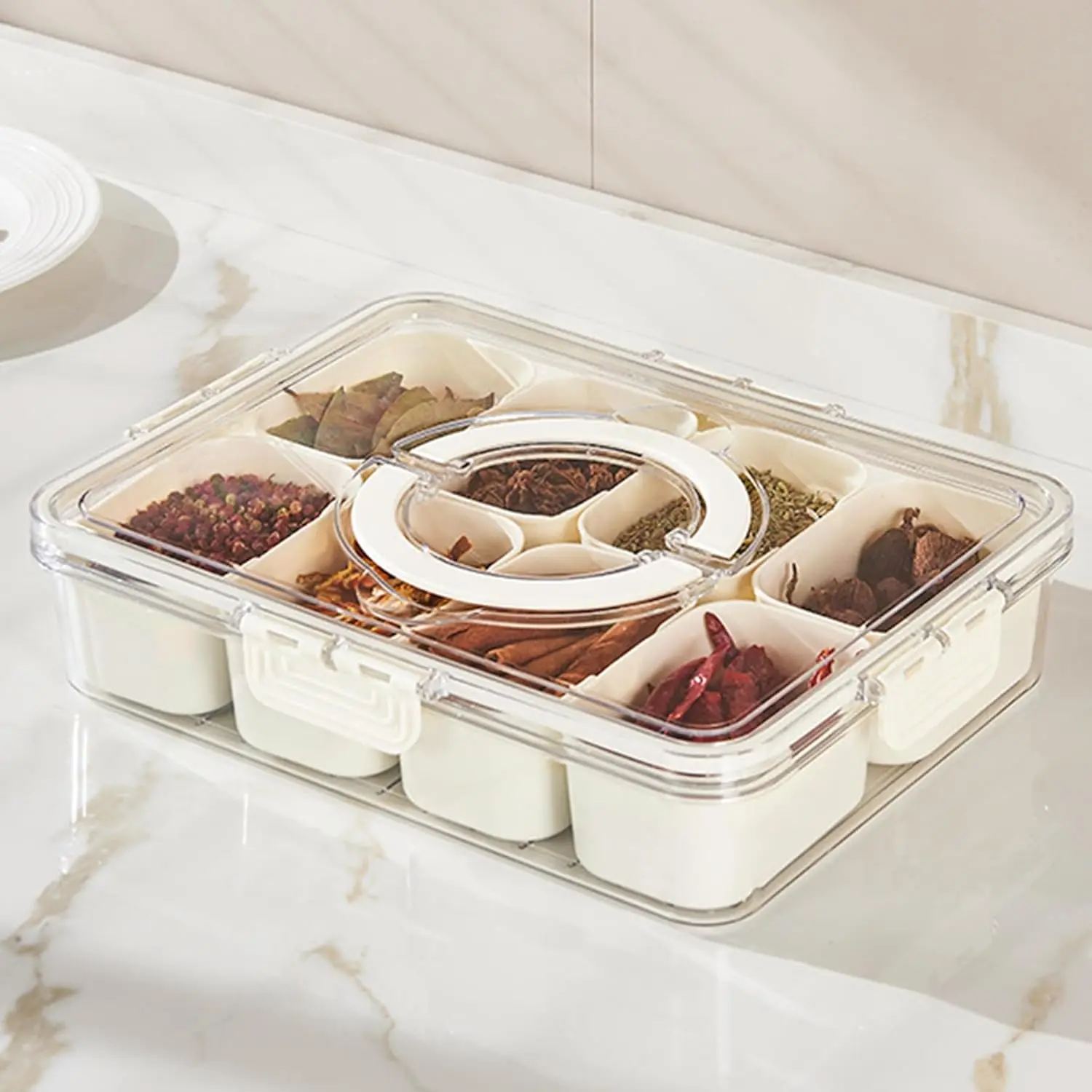 MIUVA Plastic 8-Compartment Divided Serving Tray with Dustproof Lid, Portable Handle, Stacks to Save Space, Kitchen Food Storage Container for Candy, Fruits, 8 Compartments, Birthday