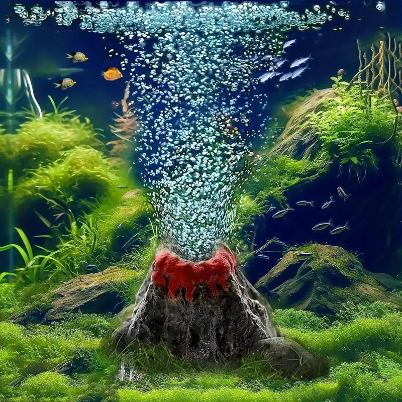 Aquarium Volcano Ornament Kit with Air Stone Bubbler | Fish Tank Decoration Resin Volcano Mountain | Bubble Effect with Airline Tubing | Aquascape Decor for Small Tanks