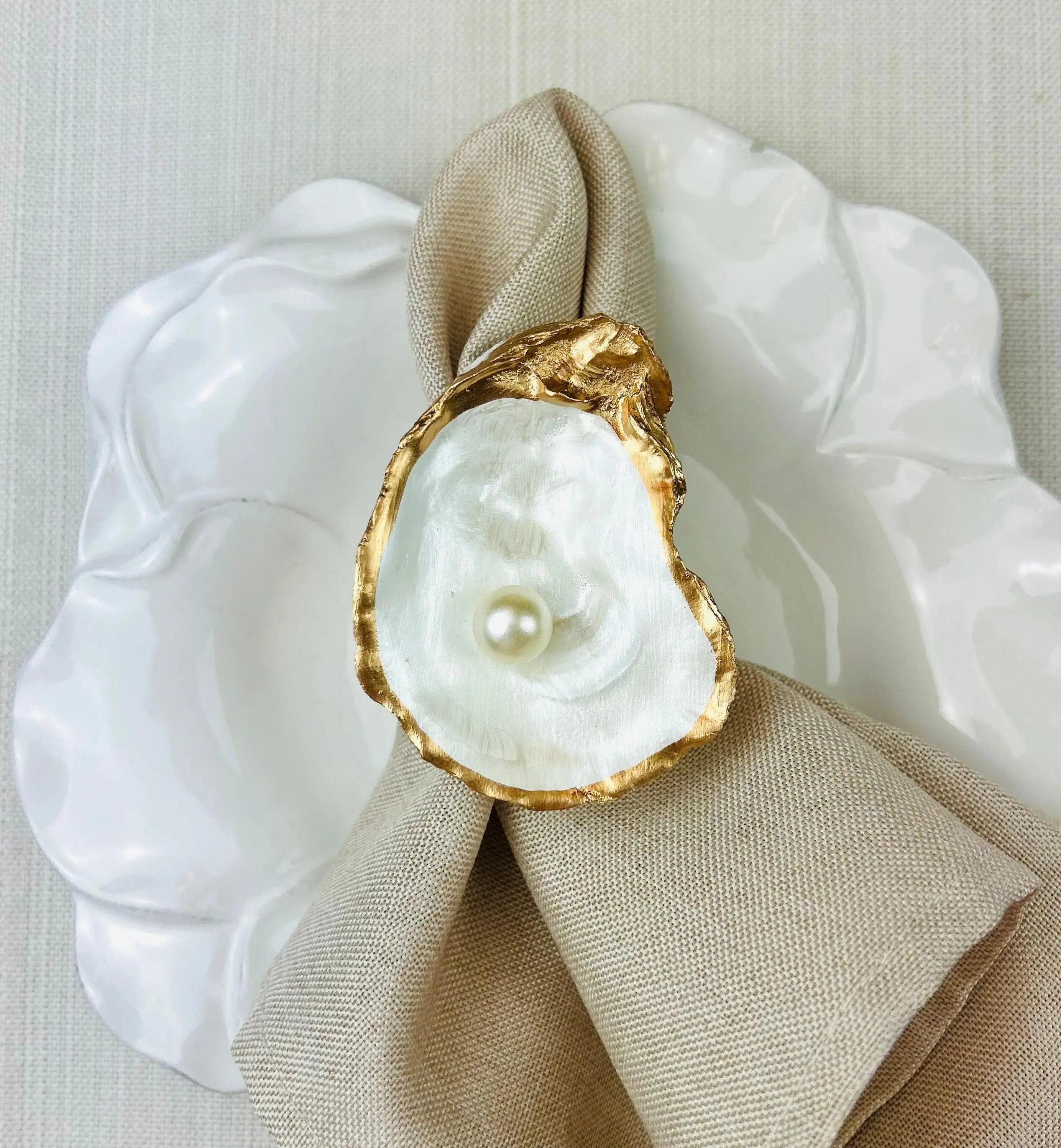 Pearl Painted Background with Pearl Rattan Oyster Shell Napkin Ring
