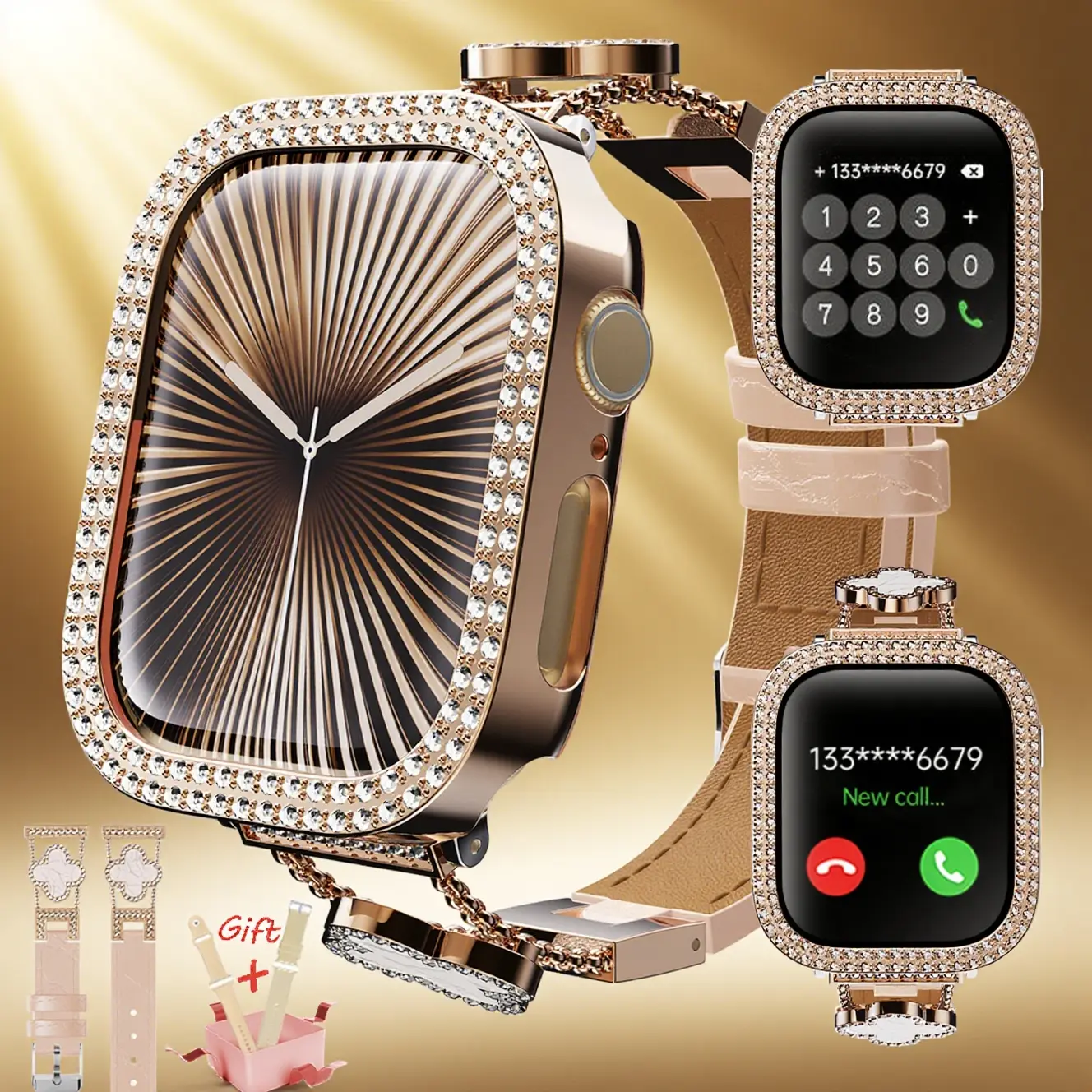 2026 Fashion Diamonds Smart Watch, Perfect Valentine's Day Gift for Men Women, Touch Screen Fitness Watch with DIY Dial, Answer/Make Call/Message, 100+ Sport Modes, Activity Tracker for iPhone Android, Royal Gold