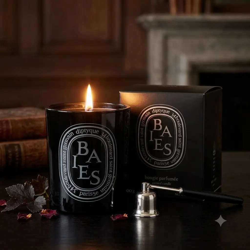 Diptyque Black Baies Floral Scented Candle 10.2 oz Luxury Black Glass, Elegant Flower Aroma, 75-Hour Burn, Perfect for Home Decoration