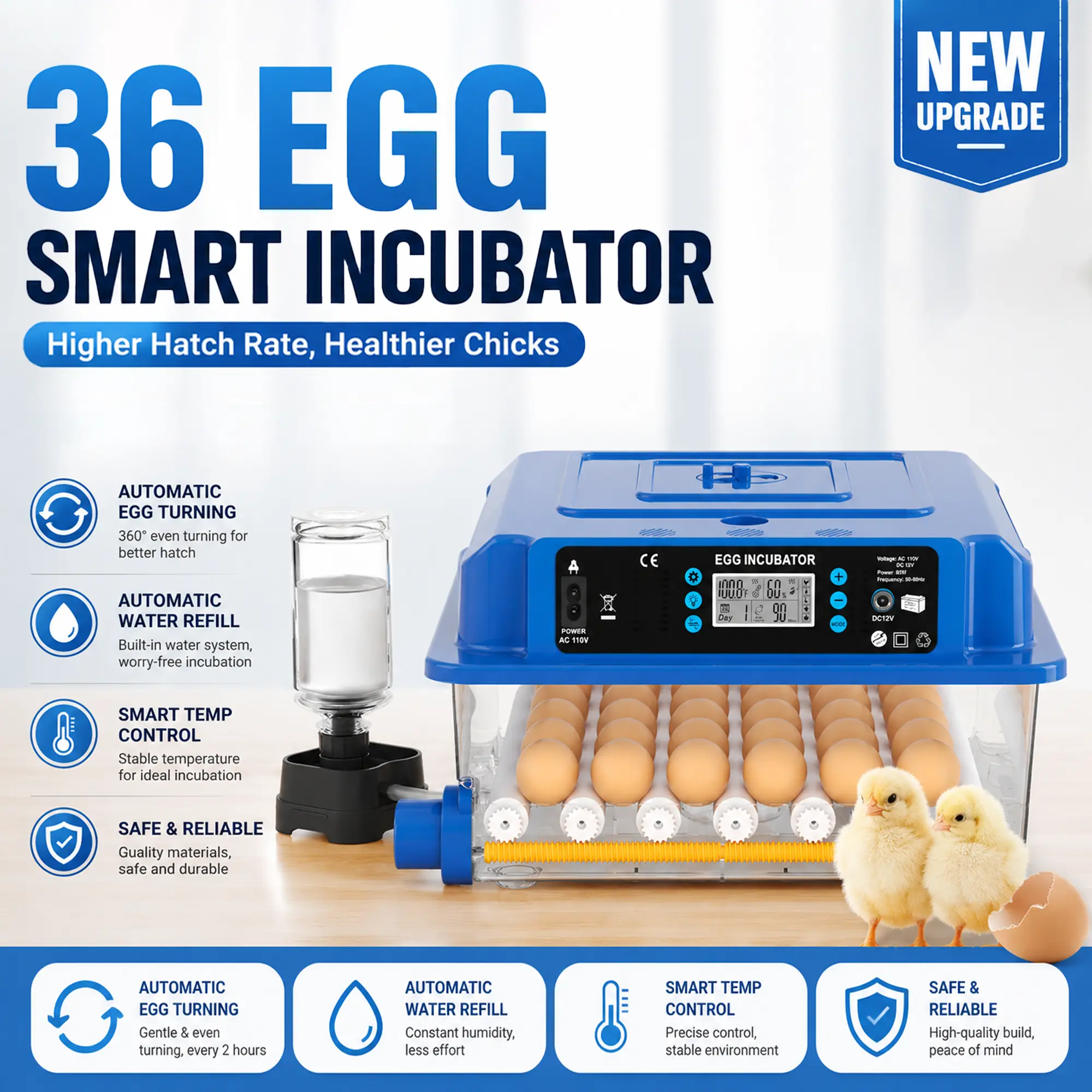 16/36 Egg Incubator with Automatic Turner & Water Top-off, Smart Poultry Breeding Kit for Backyard Homesteading, Reliable Chicken Egg Hatcher