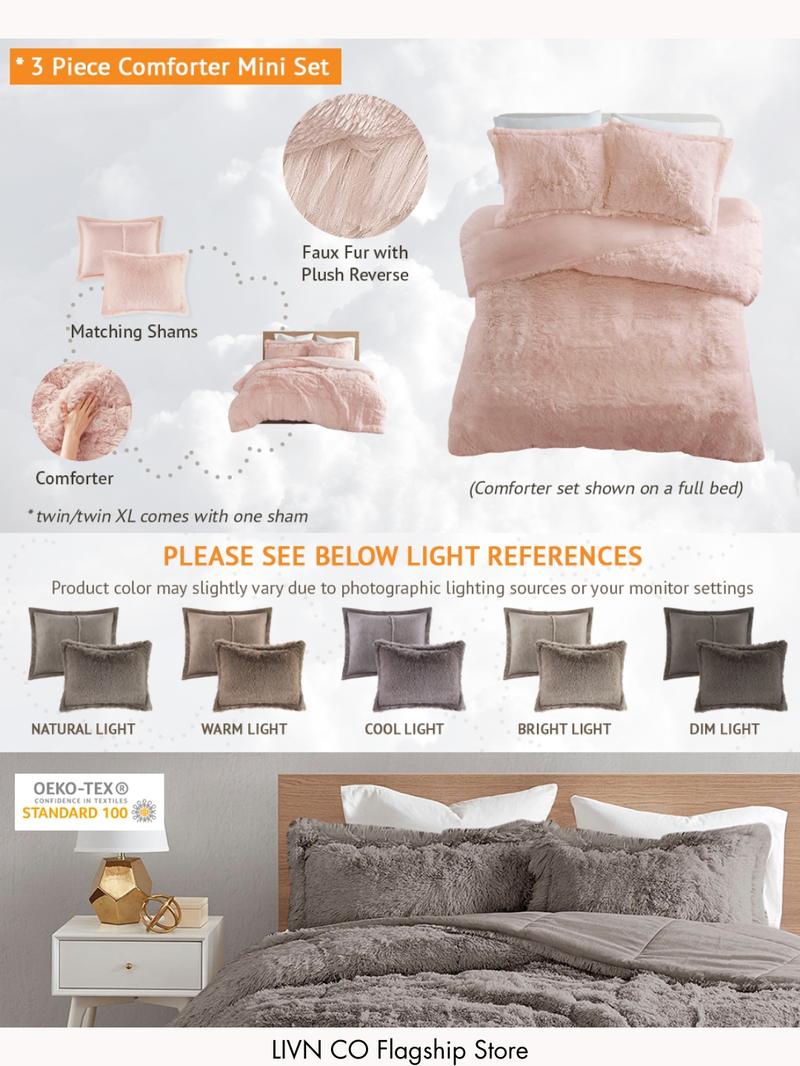 Shaggy Comforter Set, Long Faux Fur Cozy Down Alternative, Modern Casual Ultra Soft All Season Fluffy Bedding with Matching Sham
