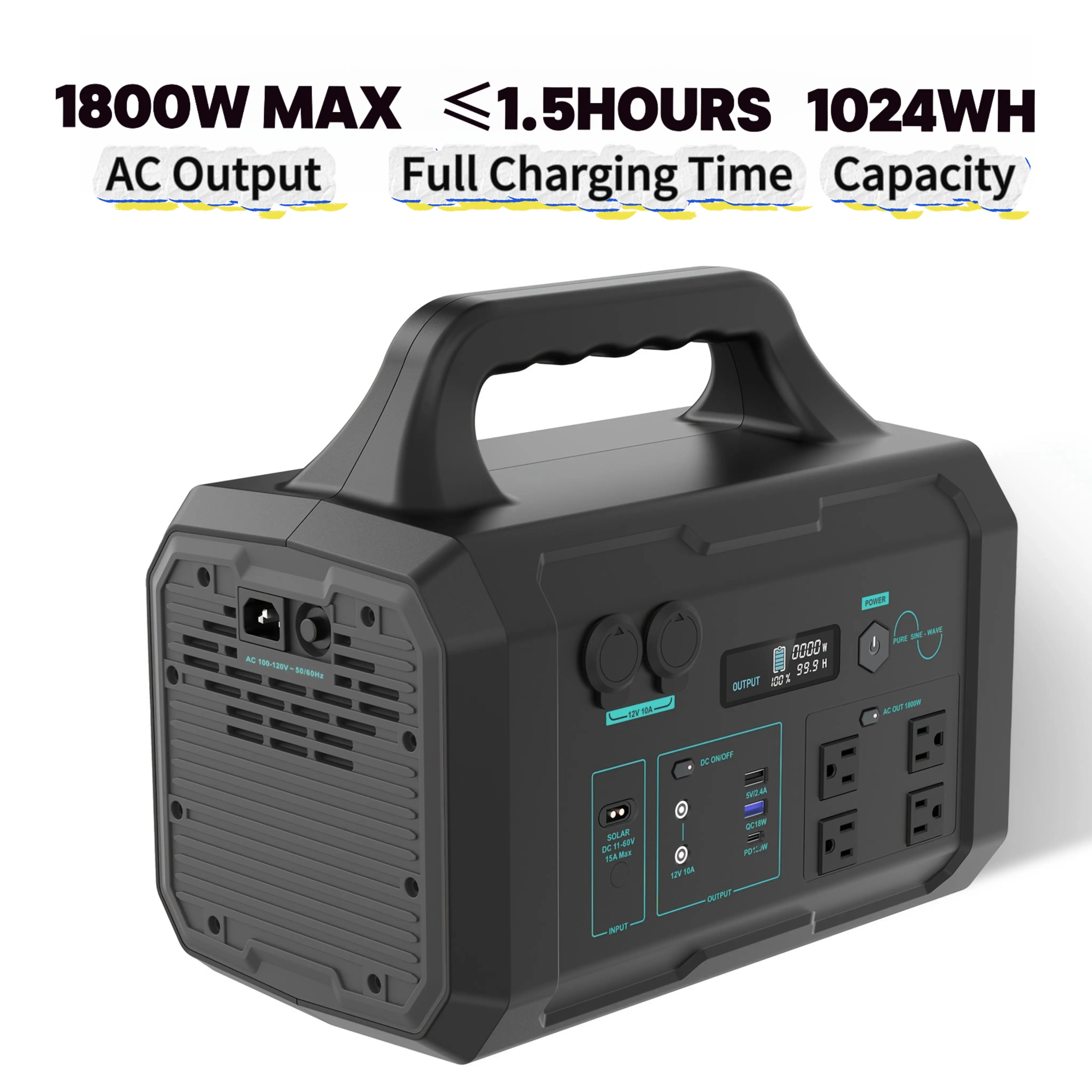 1800W Portable LiFePO4 Power Station 1024Wh Solar Generator, Ultra Fast Full Charge In 1.5 Hours, Optional 200W/400W Solar Panel, Home Emergency Backup, Camping & RV Outdoor Power Supply