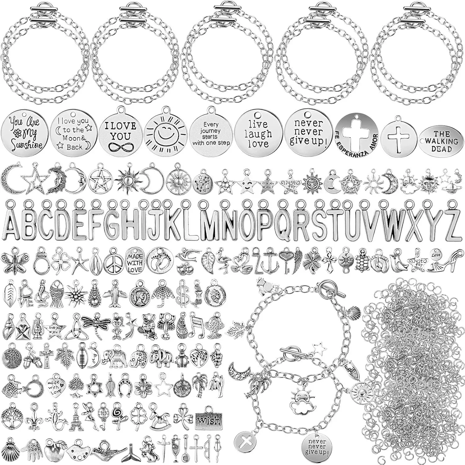 469 Pcs Silver Charm Bracelet Making Kit DIY Bangles Bracelet Set Paperclip Chain Bracelets Alphabet Charms Jewelry Making Supplies with OT Toggle Clasp for Crafting
