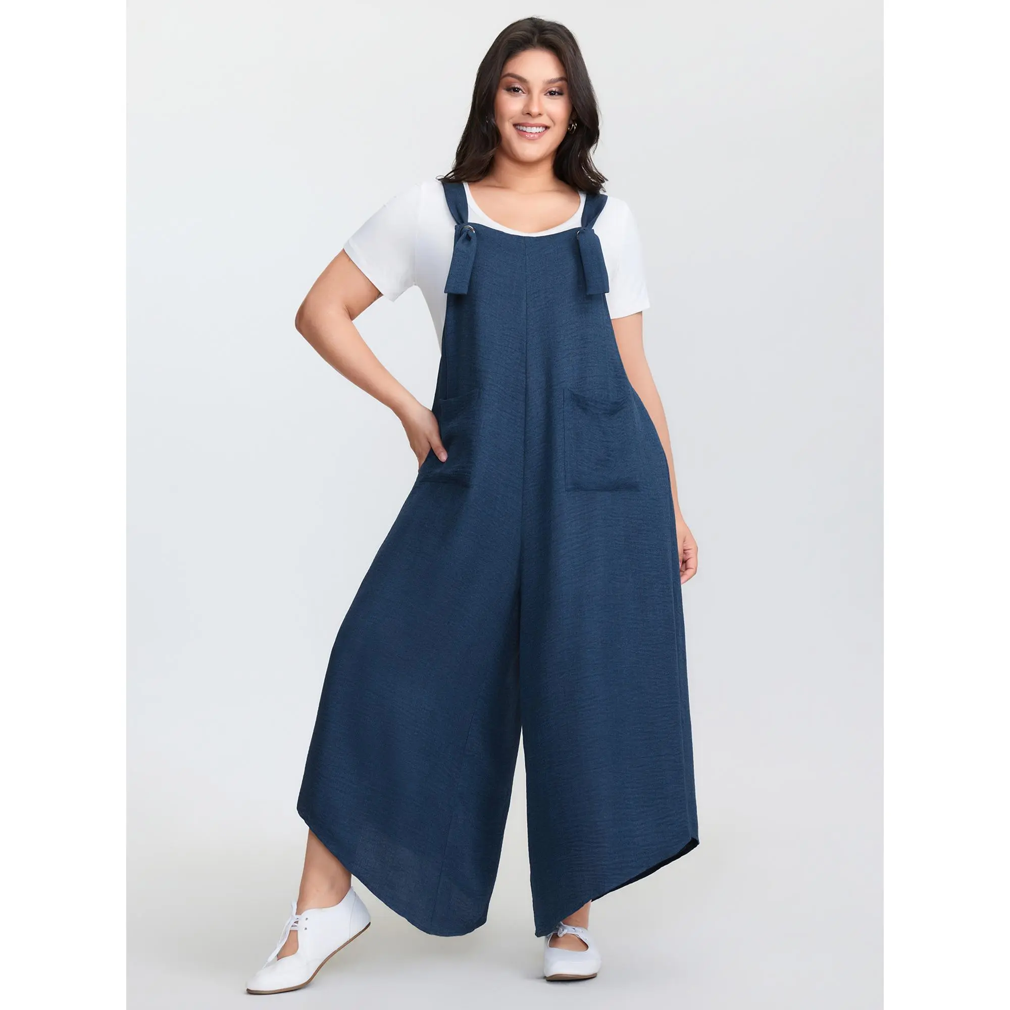 BloomChic Women's Plus Size Basic Casual Sleeveless Square Neck Jumpsuit Overalls - Multi-Size M-6X, Polyester Fabric, Patch Pockets, Adjustable Curvy Hem, Smooth, Hand Wash Only, Low Iron, Do Not Tumble Dry, Curvy Confidence, Aegean