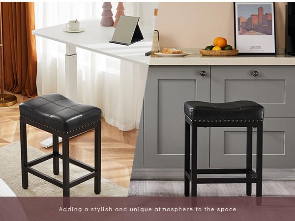 Saddle Bar Stools Set of 2 Counter Height 24-Inch Modern PU Leather Barstools with Metal Base, Footrest, Upholstered Bar Chairs for Kitchen Island