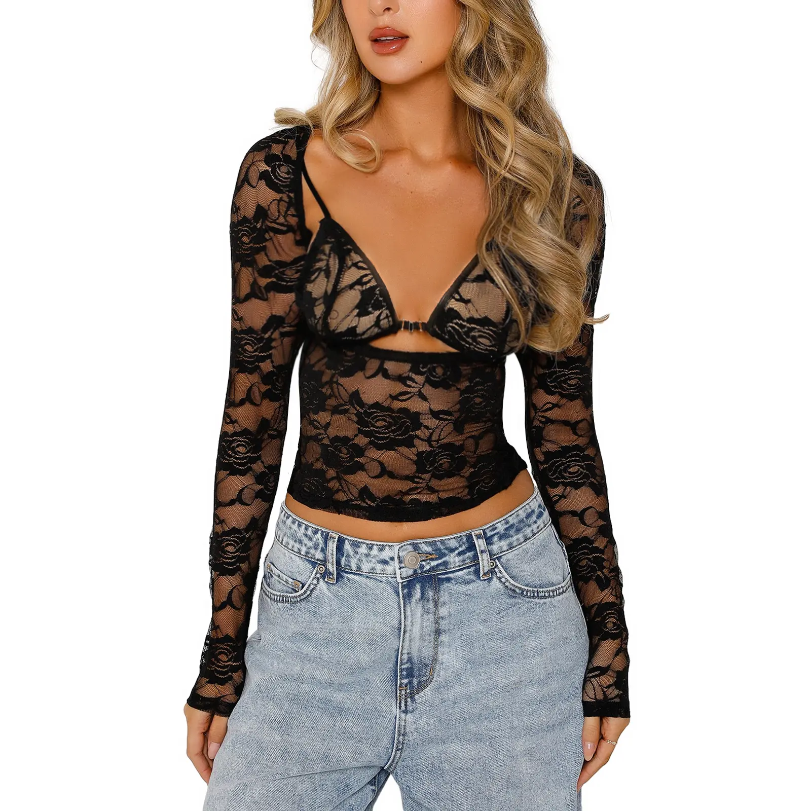 #Springfashion Women Floral Lace Tops Low Cut Sheer Long Sleeve Pullovers Fitted Crop Shirt with Bra Summer Streetwear Clubwear Matching Cropped