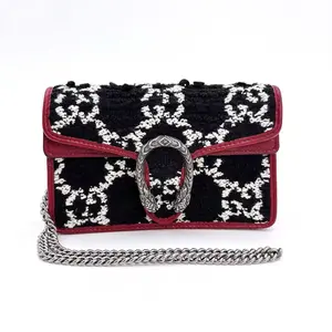 Pre-owned GUCCI Tweed Crossbody Bags GG Monogram Super Mini Dionysus Shoulder Bag Black White Romantic Cherry