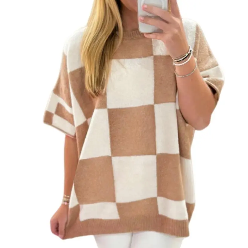 Asvivid Women's Fall Clothing Checkered Pattern Colorblock Loose Casual Drop Shoulder Half Sleeve Sweater Knitwear Tops Pullover Fit Light French Beige