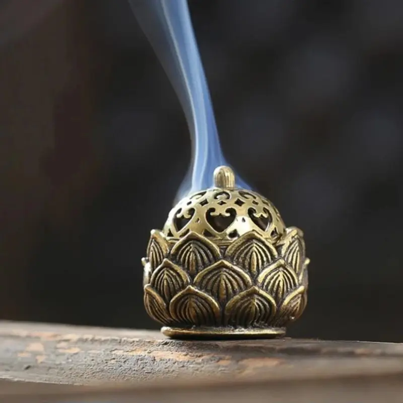 Vintage Brass Lotus Design Metal Incense Burner with Lid - Portable Hollowed-Out AromaRelax Stick Holder for Home Fragrance Decor Bakhoor Incense Burners
