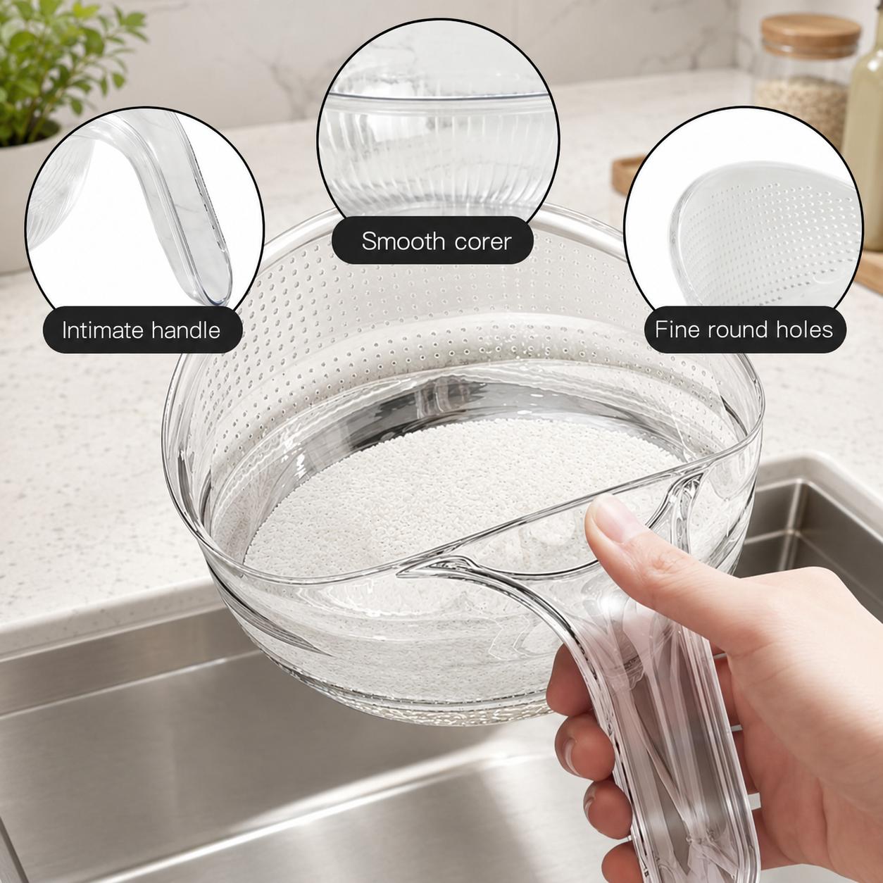 Aesthetic Multifunctional Rice Strainer Basket with Handle - Sturdy BPA-Free Transparent Plastic Kitchen Utensil, Colander for Draining Vegetables, Fruits Aesthetic Multifunctional Rice Strainer Basket with Handle - Sturdy BPA-Free Transparent Plastic Kitchen Utensil, Colander for Draining Vegetables, Fruits