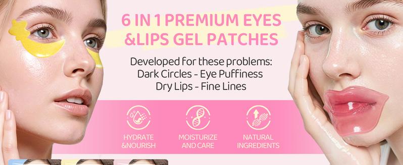 30PCS Lip Masks & Gel Eye Masks,Crystal Collagen Eye Patches for Puffy Eyes, Moisturizing& Reducing Fine Lines Dark Circle eye Patches for Women Men