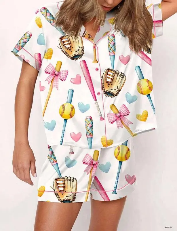 Coquette Softball Satin Pajama Set For Women, Soft Breathable Summer Sleepwear