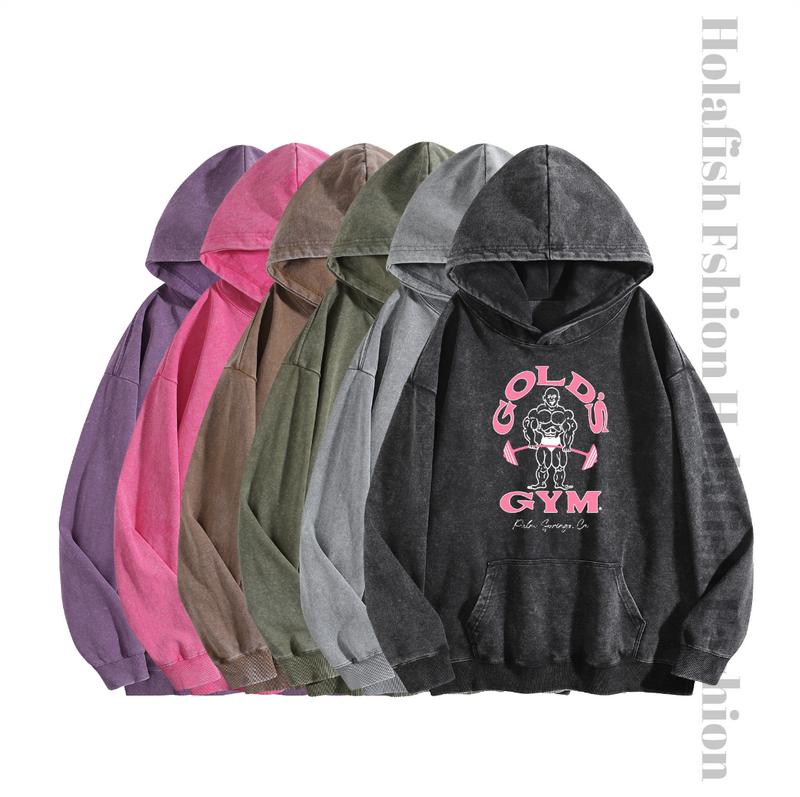 Holafish Women's Gold's Gym Print Acid Wash Hoodie Vintage 2026 Oversized Loose Fit Winter Warm Streetwear Casual Tunic Graphic Long Sleeve Sweatshirt