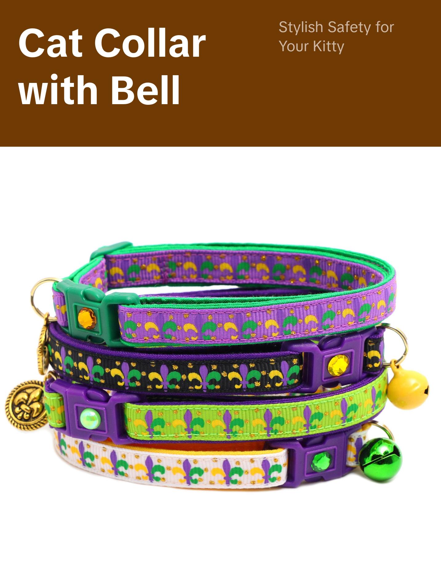Fleur De Lys Breakaway Safety Cat Collar with Matching Jingle Bell & Charm by Pugs2Persians Mardi Gras New Orleans