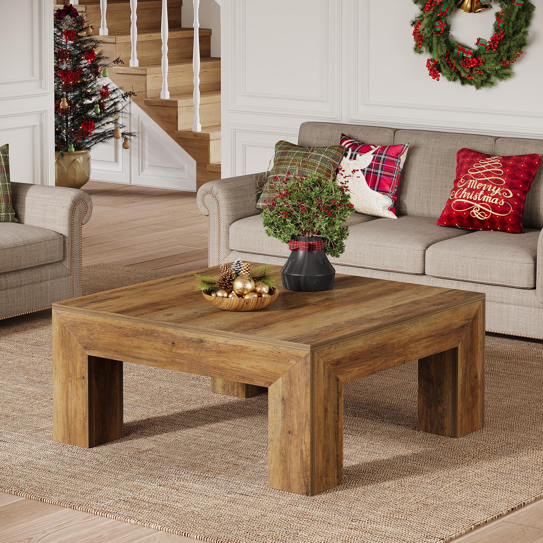 LITTLE TREE 39.4-Inch Square Coffee Table for Living Room, Farmhouse All MDF Accent Center Cocktail Table with Sturdy Wooden Legs, Easy Assembly