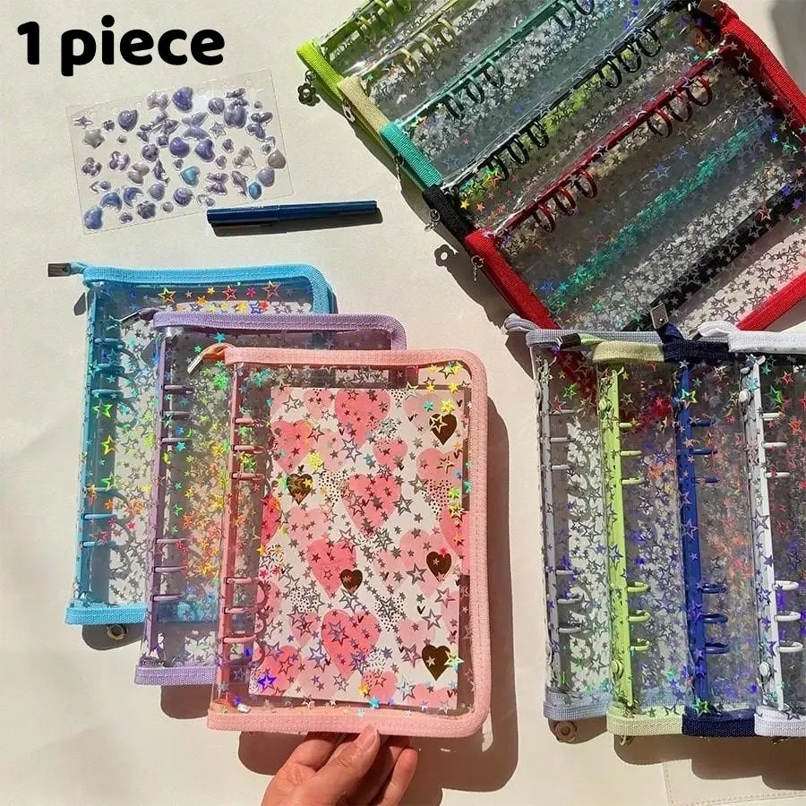 A5 Colorful Star Zipper Ring Binder, File Folder, Notebook, Sticker Book, Pencil Case, Photo Album, Budget Planner, Multifunctional Stationery, Office Stationery Supplies, Binder With Zipper, PVC Material