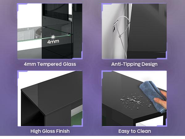 Pinmoco LED TV Stand for TVs up to 80" Gaming Entertainment Center with Side Bookshelf and 4 Open Shelves Black High Gloss Finish