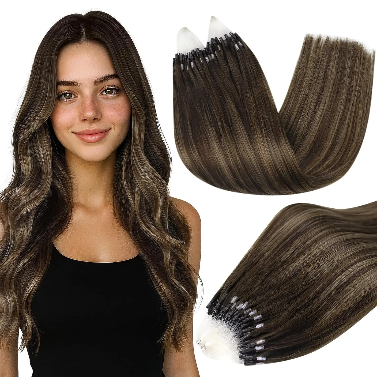 Full Shine Micro Loop Human Hair Extensions Dark Brown and Ash Brown Micro Link Hair Extensions Real Human          Lightweight Heat Resistant   Hair Micro Beads Cold Fusion Extensions  #TikTokShopDealsforYouDays #SummerWins #SummerVibes,summerwins