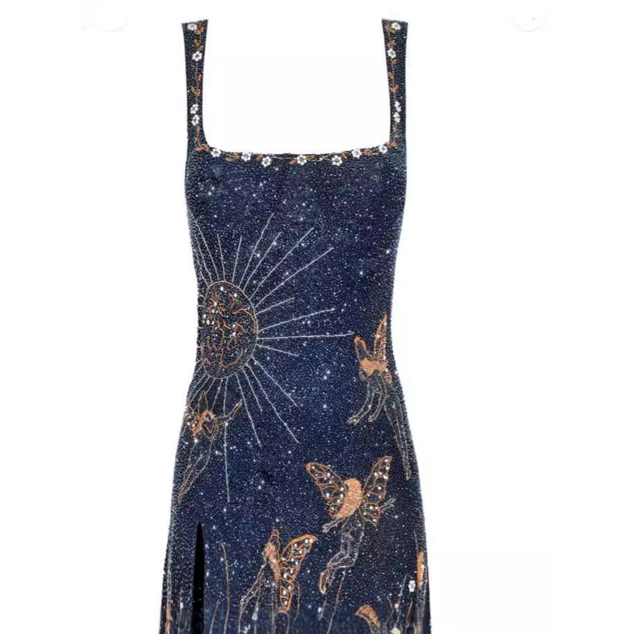 LYD- Strap Type 3D Embroidery Celestial Sequin Mini Dress Navy Blue Gold Toned Sun Moon Sea Patterns Strapless Elegant Formal Women's Wear Womenswear Fabric Polyester Chic Piece Sky Slit Strappy Workwear