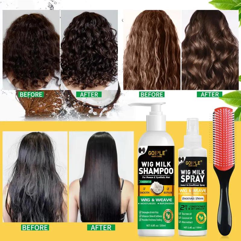 Wig Shampoo for Synthetic Wigs & Wig Milk Spray for Synthetic Hair, Detangle and Anti-Frizz, Cleansing-Inspired Care for Daily Use Conditioner Haircare Cleansing Cleanser