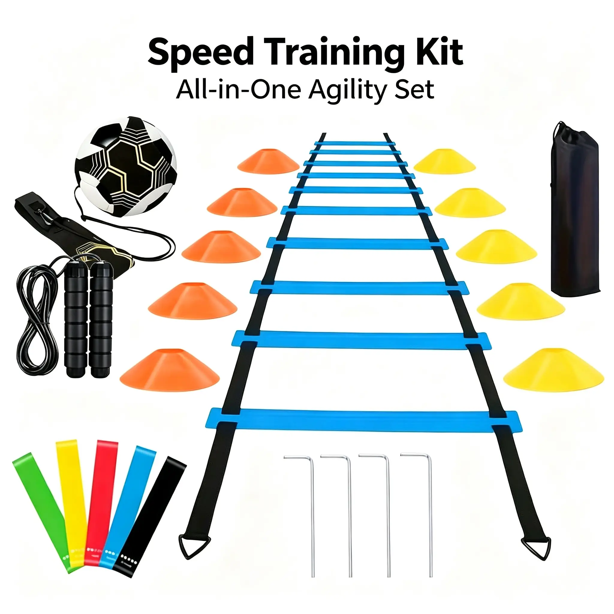 1-in-1 Unisex Agility Training Kit - Adjustable Ladder, Plastic Cones, Resistance Bands, Jump Rope for Football Soccer Speed Drills