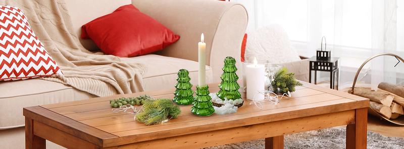 NUPTIO Christmas Tree Candle Holder: 3 Pcs Green Glass Candlestick Holders, Indoor Christmas Oraments, Taper Candle Holders for Table Centerpiece Dinner Gathering Party Home Decor