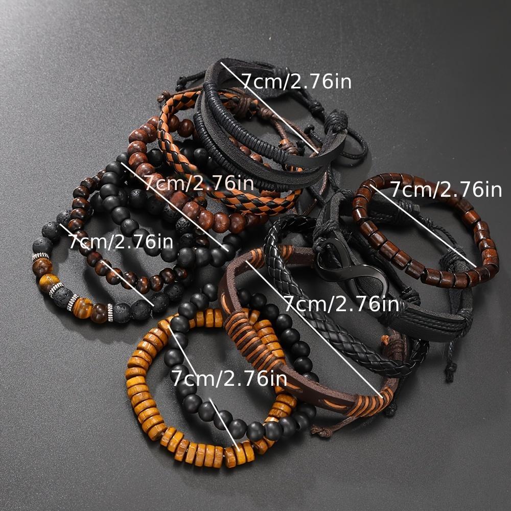 12Pcs/Set Vintage Men Artificial Leather Beads Bracelets - Bohemian Ethnic Men's Tiger Eye & Moonstone Beads, Braided Leather & Synthetic Fiber Cord Stackable Bracelets Fashion Jewelry for Casual & Party Versatile Daily Wear