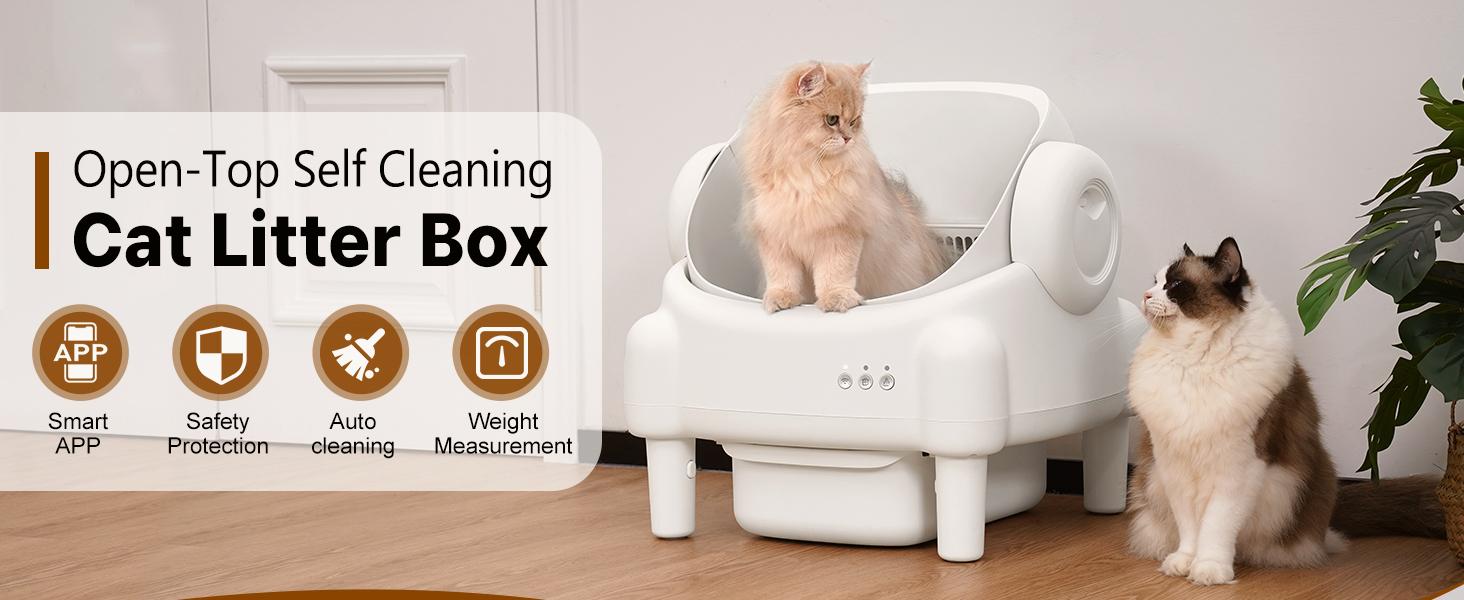 PARUUNTYS x TAYACICY Self Cleaning Litter Box Open-Top with App Control for Multiple Cats 16.5"x16.5" Entrance Dual Safety Tech 10.5L Sealed Waste Bin Cream White