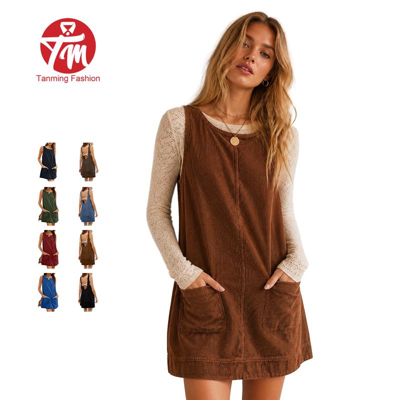 Tanming Womens Fitted U-Back Corduroy Overall Dress, Round Neck A Line Skirtall Jumper Mini Dress Pinafore with Pockets