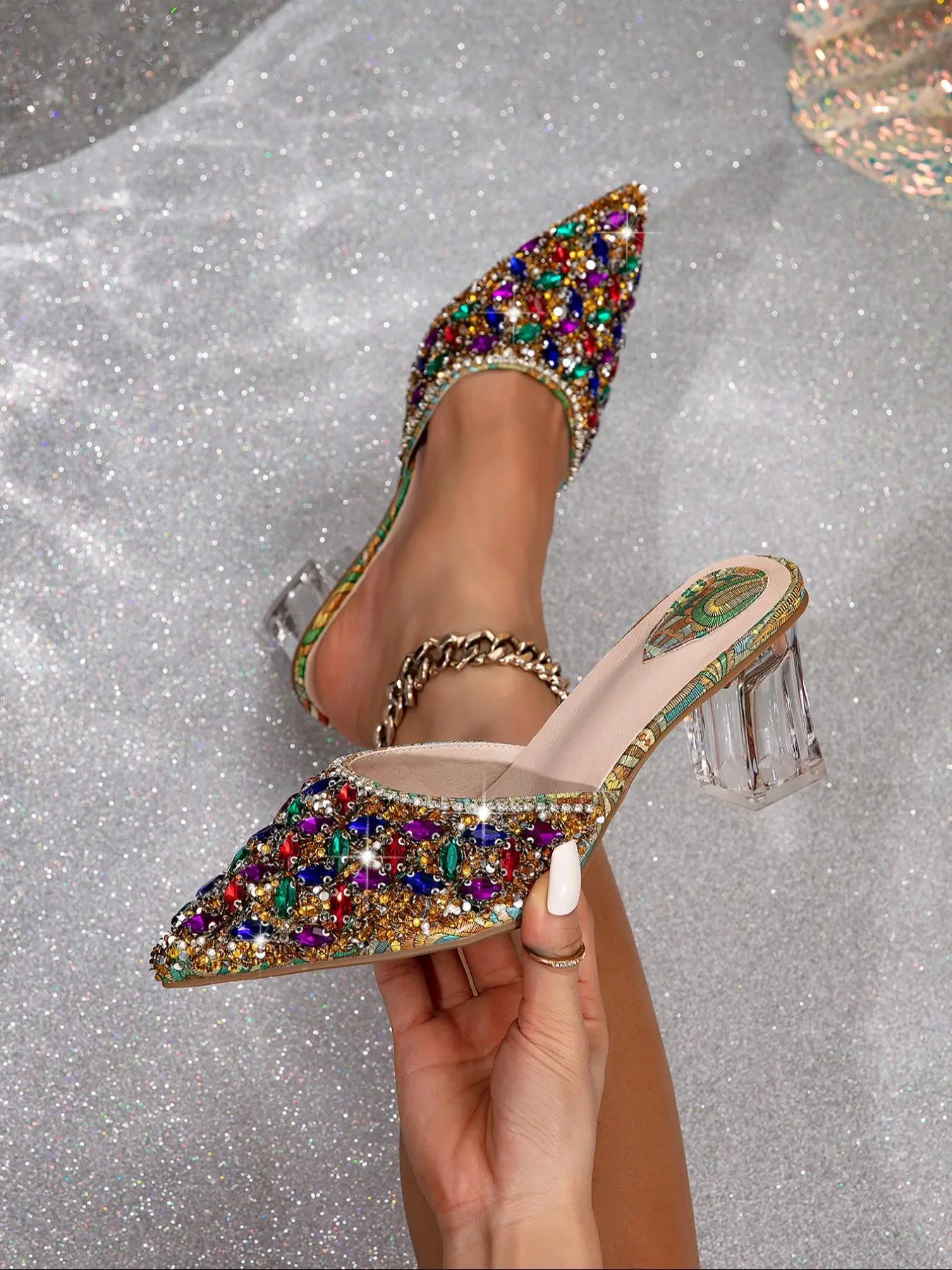 Women's Rhinestones Decorated High Heel Sandals, Embellished Sandals, Transparent Chunky Heeled Sandals for Party, Summer Footwear, Girl, Elegant Pointed Toe