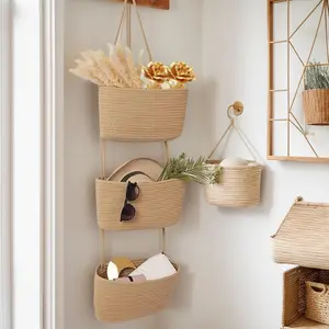 3 Tier Wall Mounted Woven Hanging Basket, Over the Door Hanging Basket with Hooks, Decorative Storage Hanging Closet Removable, Large Wall Basket for Living Room, Bedroom, Kitchen.