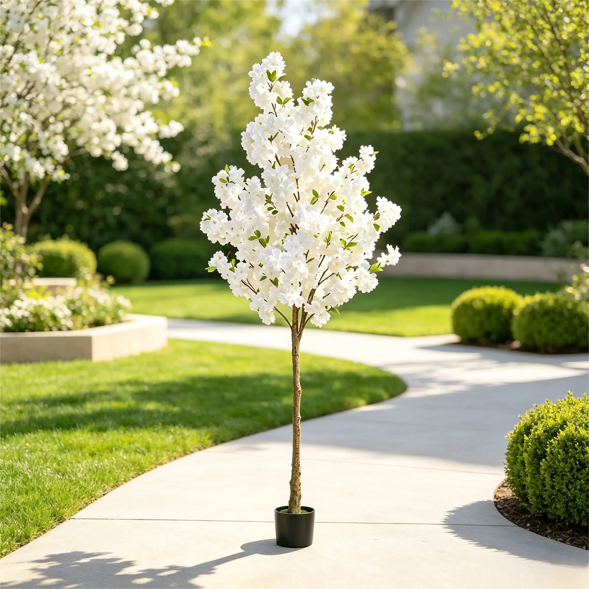 63-Inch White Artificial Cherry Blossom Tree - UV-Resistant Decorative Faux Sakura Floor Plant with Black Pot for Front Porch, Living Room, Wedding Home Decor