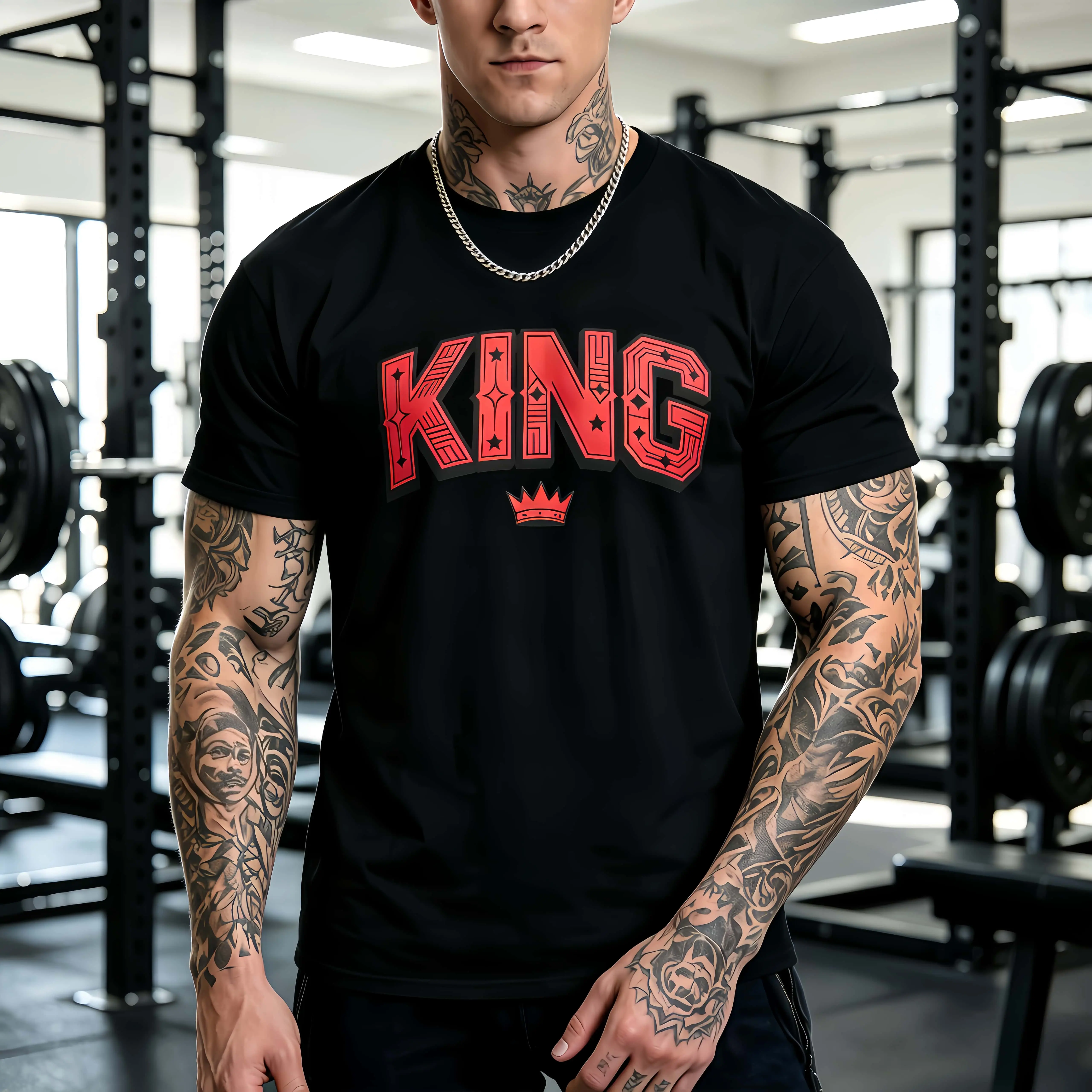 Men’s KING Graphic Gym T-Shirt | Fitness Streetwear Tee, Bold Crown Print, Black & White Options,100% pure cottonloose street-style short sleeves,best-selling faith urban fashionstyle,shoetsleeve,Menswear,Tshirt,Round Neck