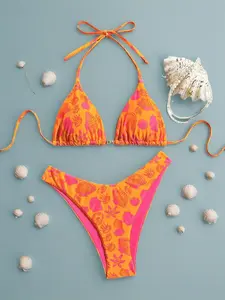 Neon Coral Ocean Print Halter Bikini Set with Seashell & Butterfly Motifs Plunge Triangle Top High-Cut Side-Tie Cheeky Bottoms for Women Bold Y2K Swimwear