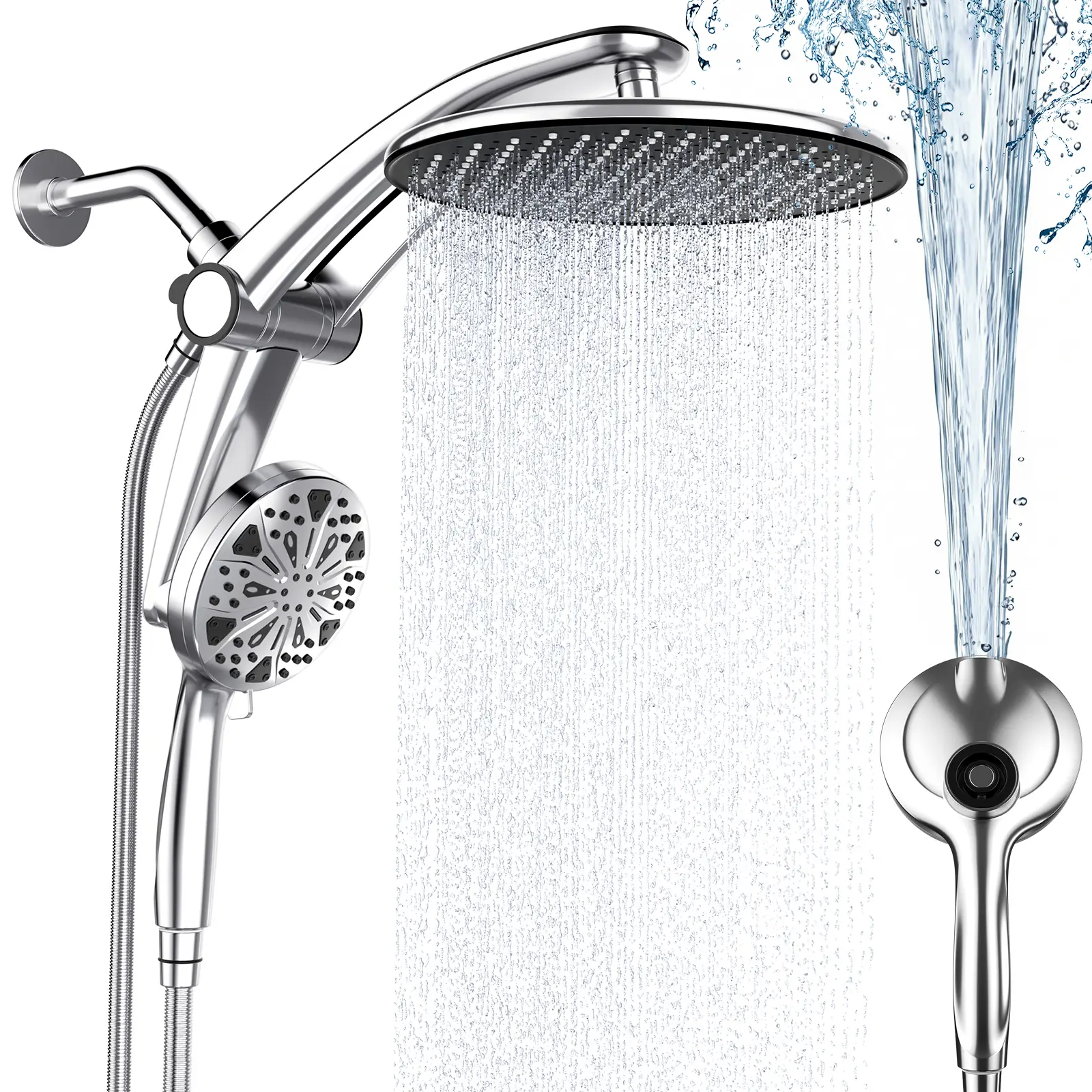 High Pressure Rain Shower Head with Handheld, Magnetic Power Wash Combo | Shower head with handheld spray combo, adjustable one-piece stand, 9 settings, rainfall head, power wash for tub, tile