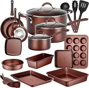 20-Piece Nonstick Cookware & Bakeware Set, PFOA/PTFE/PFOS-Free, Heat-Resistant Silicone Handles, Brown