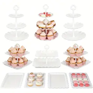 10pcs Cake Rack Set, Including 3 Double Layered Cupcake Racks+3 Triple Layered Cupcake Racks+4 Appetizer Trays, Suitable For Party And Christmas Party Tabletop Decoration, New Year Celebration