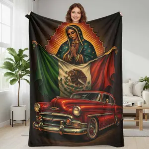 Mexican Classic Car Our Lady of Guadalupe Flannel Blanket Vintage Red Chevy Print Soft Warm Cozy Decorative Throw for Sofa Living Room Travel Gift