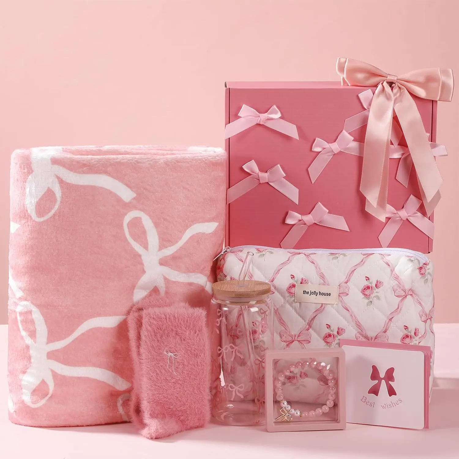 Didaey 10 Pcs Pink Bow Gift Baskets for Woman Birthday Gifts for Girls Teenage Pink Coquette Glass Cups Soft Blanket Teen Girl Birthday Box Gift for Her, Sister Friend Women 16th 18th 21st Box Set